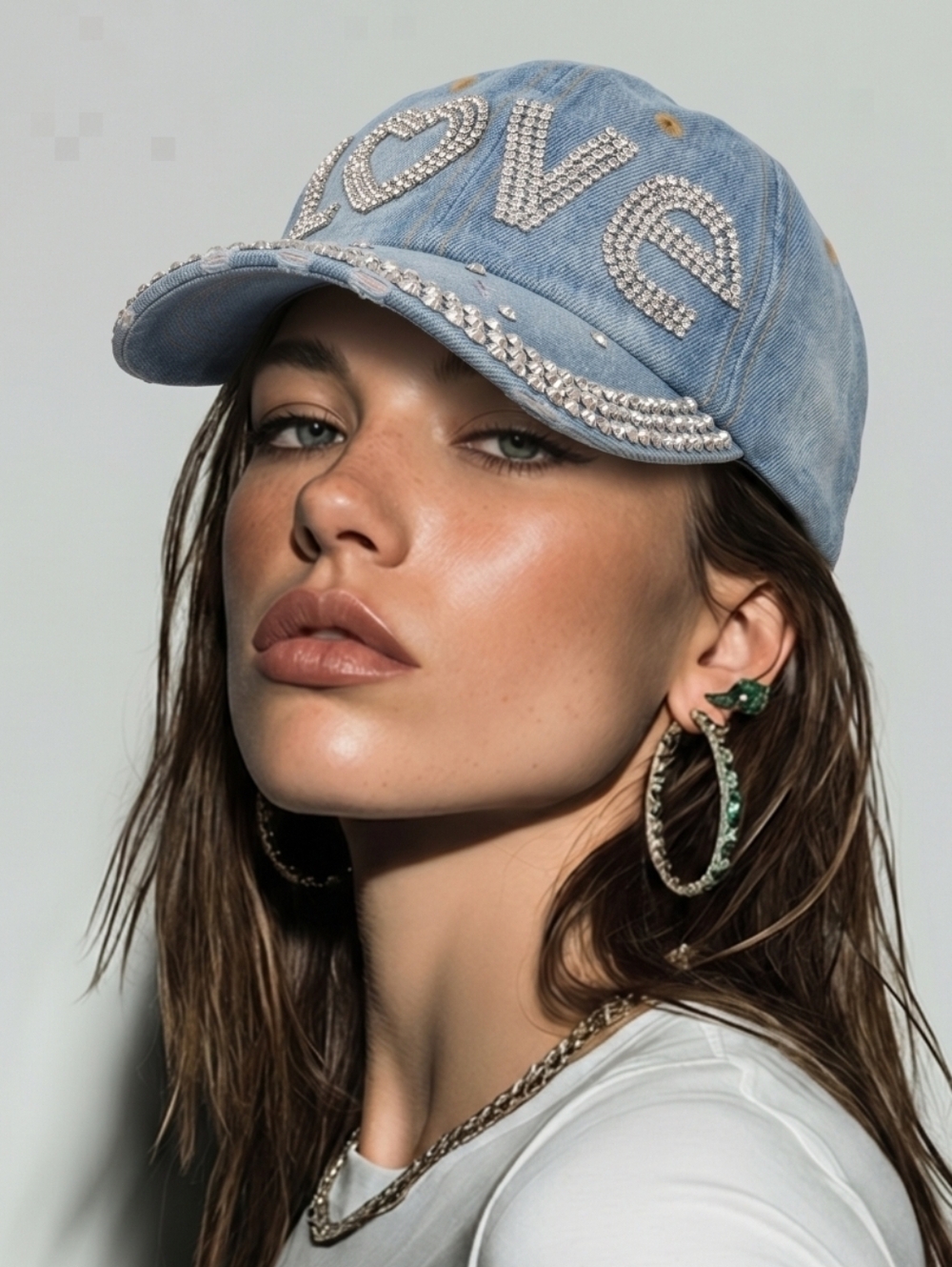 Distressed Denim Baseball Cap LOVE Rhinestone Embellished Womens Adjustable Hat